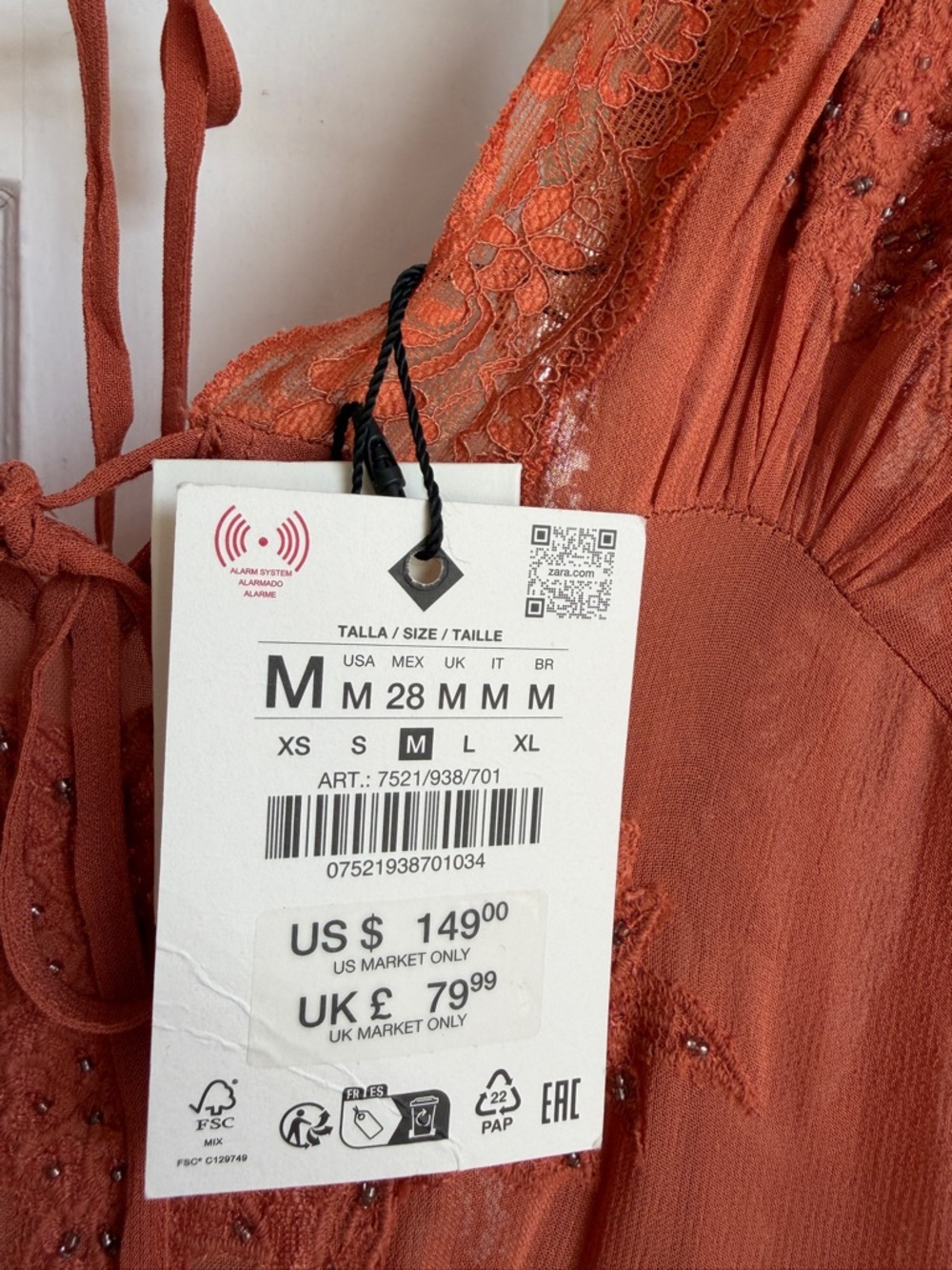 Zara Lace Trim Satin Midi Slip Dress Open Back Rust Boho NWT M - Picture 6 of 10